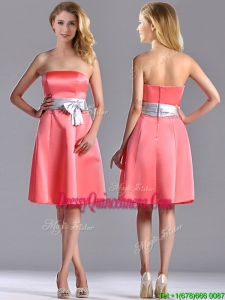 Best Selling Watermelon Knee Length Beautiful Dama Dress with Silver Bowknot