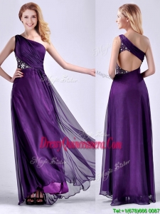 Elegant One Shoulder Criss Cross Purple Beautiful Dama Dress with Beading