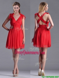 Exclusive V Neck Criss Cross Beautiful Dama Dress with Ruching and Bowknot