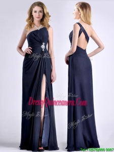 Exquisite One Shoulder Navy Blue Beautiful Dama Dress with Beading and High Slit