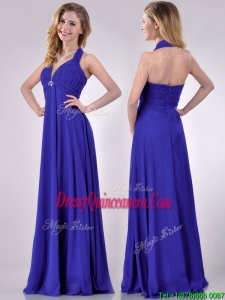 New Style Halter Top Zipper Up Long Beautiful Dama Dress in Blue