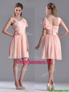 Simple Empire Ruched Peach Beautiful Dama Dress with Asymmetrical Neckline