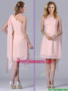 Cheap One Shoulder Chiffon Ruching Short Beautiful Dama Dress in Pink
