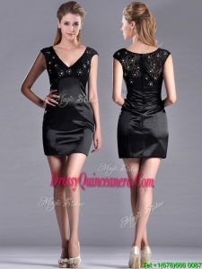 Classical V Neck Satin and Lace Beautiful Dama Dress with Cap Sleeves