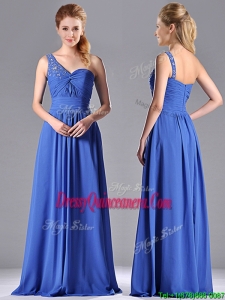 Column Chiffon Beading and Ruching Blue Beautiful Dama Dress with One Shoulder