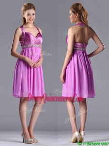 Empire Halter Knee-length Beaded Short Beautiful Dama Dress in Lilac