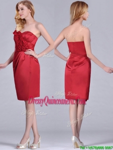 Low Price Red Column Satin Knee Length Beautiful Dama Dress with Ruffles