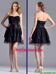 New Style Tulle Black Short Beautiful Dama Dress with Beading and Belt