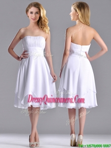 Cheap Strapless Chiffon WhiteDama Dress with Ruched Decorated Bust