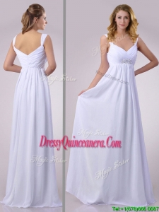 Hot Sale Empire Beaded White Chiffon Beautiful Dama Dress with Straps