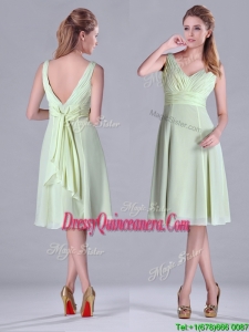 Lovely Tea Length Ruched and Belted Dama Dress in Yellow Green