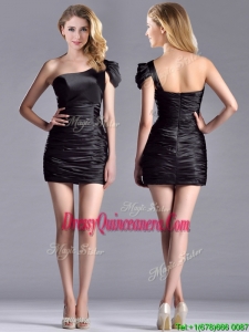 Sexy Column Ruched One Shoulder BlackDama Dress in Taffeta