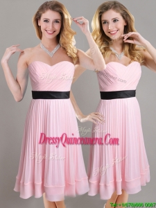 Discount Empire Pleated and Black Belted Dama Dress in Baby Pink
