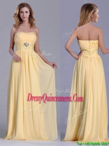 Lovely Empire Yellow Long Dama Dress with Beading and Ruching