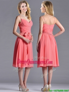 Best Spaghetti Straps Watermelon Dama Dress with Ruching and Bowknot