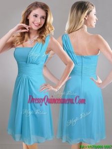 Elegant One Shoulder Ruched Chiffon Dama Dress in Aqua Blue