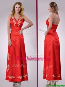 Modest Column Halter Top Backless Red Dama Dress with Appliques