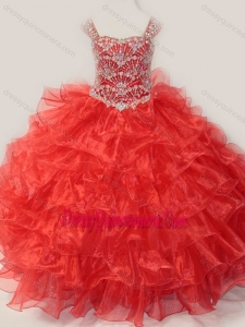 Affordable Ball Gown Straps Organza Beaded Bodice Lace Up Little Girl Pageant Dress in Red