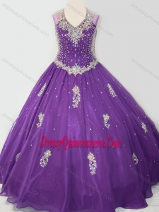 Affordable Ball Gown V Neck Organza Beaded and Applique Little Girl Pageant Dress in Purple