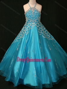 Affordable Decorated Halter Top and Bodice Teal Little Girl Pageant Dress with Criss Cross