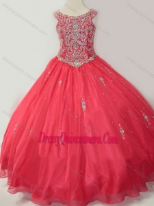 Affordable Puffy Scoop Little Girl Pageant Dress with Beading in Coral Red