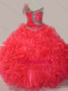 CoraL Red Ball Gown V Neck Organza Beading Little Girl Pageant Dress with Lace Up