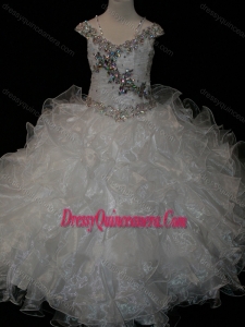 Big Puffy V-neck Ruffled Little Girl Pageant Dress with Spaghetti Straps and Sequins