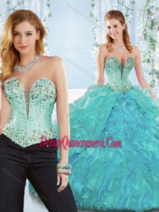 Beaded and Ruffled Organza Classic Quinceanera Gown with Deep V Neckline
