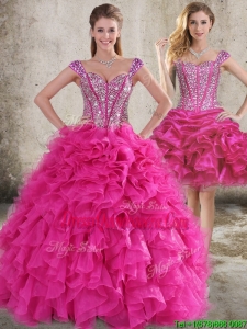 Classical Ruffled and Beaded Bodice Detachable Quinceanera Skirts in Hot Pink