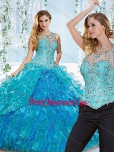 Elegant See Through Beaded and Ruffled Detachable Quinceanera Skirts in Blue