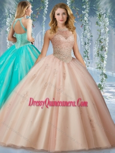 Fashionable Halter Top Champagne Classic Quinceanera Dress with Appliques and Beading