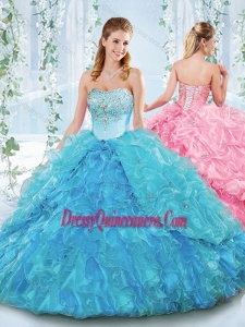Latest Really Puffy Organza Lace Up Classic Quinceanera Dress in Blue