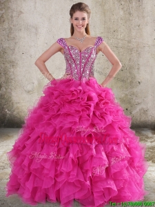 Perfect Ruffled and Beaded Bodice Straps Hot Pink Classic Quinceanera Dresses