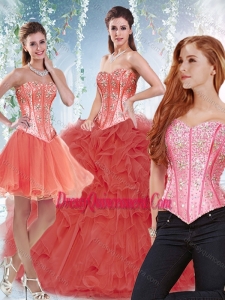 Popular Beaded Bodice and Ruffled Detachable Quinceanera Skirts in Coral Red