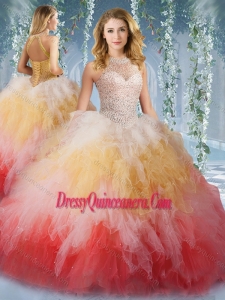 2016 Pretty Halter Top Rainbow Romantic Quinceanera Dress with Beading and Ruffles