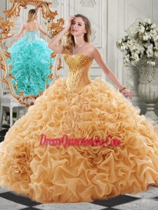 New Arrivals Organza Ruffled Champagne Romantic Quinceanera Dresses with Colorful Beading