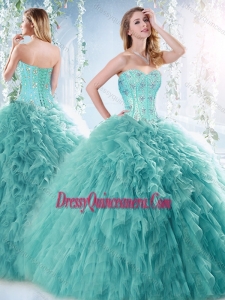 Romantic Beaded and Ruffled Aquamarine Gorgeous Quinceanera Dress with Brush Train