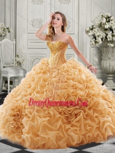 Best Really Puffy Chapel Train Simple Quinceanera Gown with Ruffles and Colorful Beading