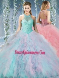 Lovely Beaded Decorated Halter Top Rainbown Unique Sweet 16 Dresses in Organza