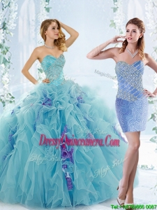 Low Price Aque Blue Simple Quinceanera Gowns with Beading and Ruffles