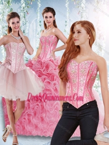 Rolling Flowers Beaded Bodice Unique Sweet 16 Dresses in Rose Pink