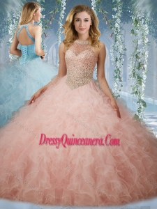 Simple Beaded Bodice Baby Pink Quinceanera Dress with Halter Top