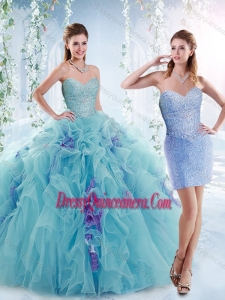 Simple Beaded Bodice and Ruffled Detachable Sweet 16 Dresses in Aquamarine
