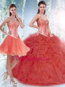 Simple Coral Red Detachable Quinceanera Gowns with Beading and Ruffles