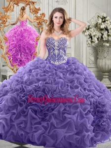 Traditional Brush Train Lavender Quinceanera Gown with Beaded Bodice and Ruffles