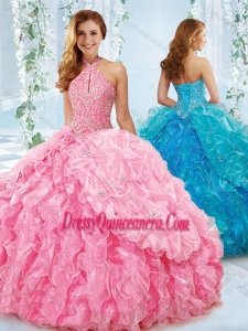 Traditional Halter Top Beaded Bodice Detachable Quinceanera Gowns in Rose Pink