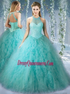 Traditional Mint Quinceanera Gownsn With Beaded Decorated Bodice and High Neck