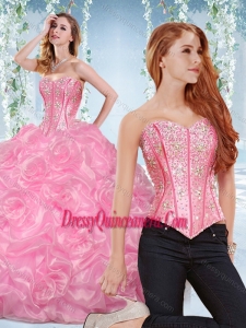 Traditional Organza Rose Pink Detachable Quinceanera Gown with Beading and Bubbles