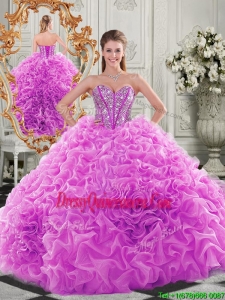 Traditional Puffy Skirt Beaded Bodice and Ruffled Quinceanera Gowns in Fuchsia