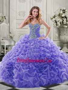 Traditional Puffy Skirt Beaded and Ruffled Lavender Quinceanera Gowns in Organza